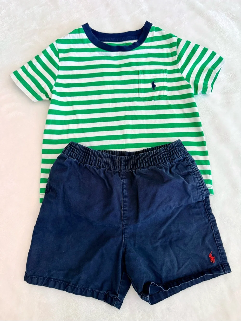Ralph Lauren Toddler Boys Green & White Stripe Tee & Navy Polo Shorts (size 24M)